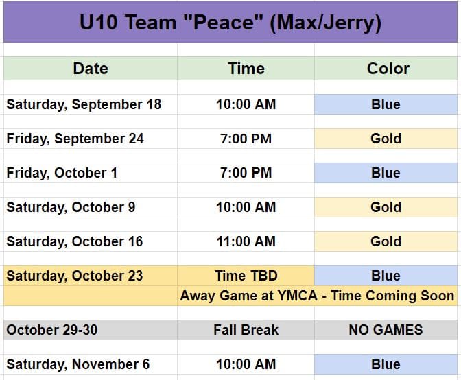 Soccer game schedule for Charlotte youth team. 
