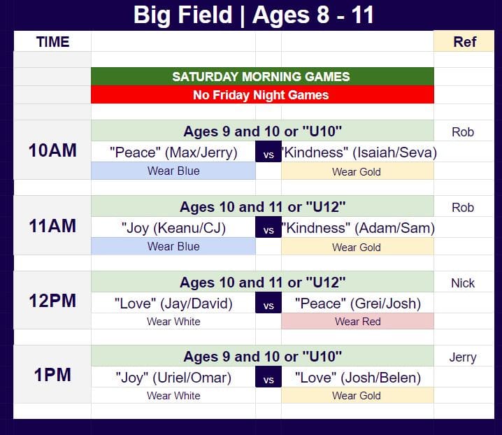 Hope Soccer Ministries' game schedule for the last weekend of games of Fall 2021 season. 