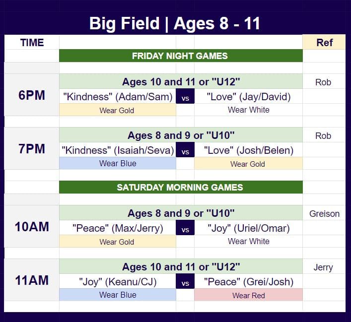 Game schedule for the "big field" at Jack D. Hughes Park for Hope Soccer. 