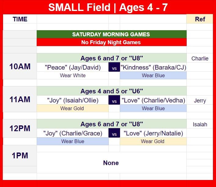 Game schedule for youth soccer at Jack D. Hughes Park for Hope Soccer. 