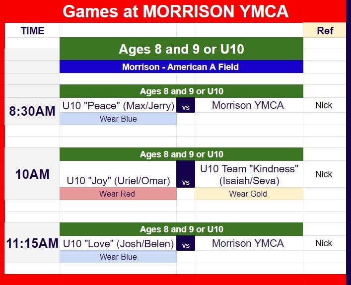 Game schedule for Hope U10s vs Morrison YMCA.