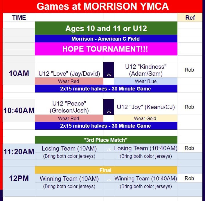 Hope Soccer game schedule vs Morrison YMCA.