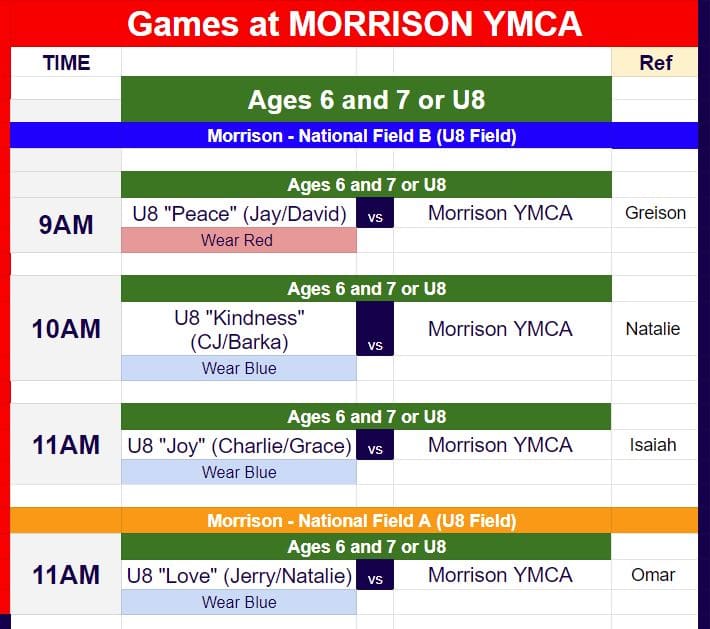 soccer schedule for when Hope Soccer plays against YMCA.