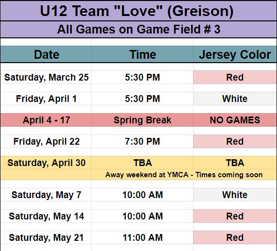 Hope Soccer's Team Love game schedule for Spring 2022. 