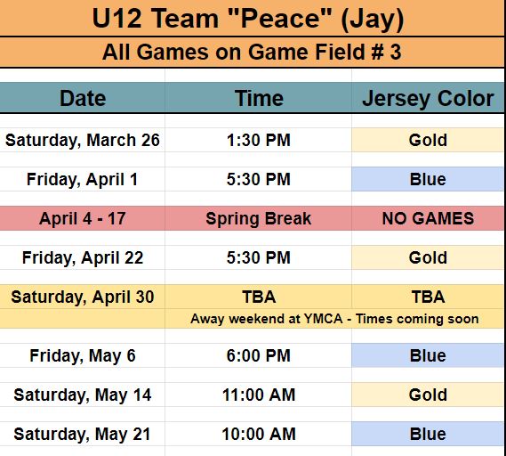 Youth rec soccer team schedule for Spring 2022. 