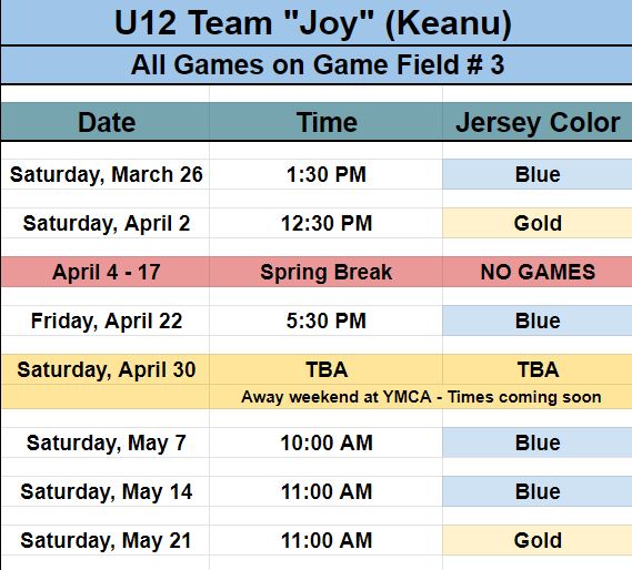 Game schedule for youth rec soccer team in Pineville. 