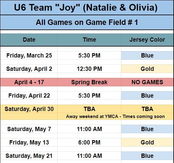 Youth soccer schedule for ages 4 and 5 for team "Joy" of Hope Soccer Ministries. 