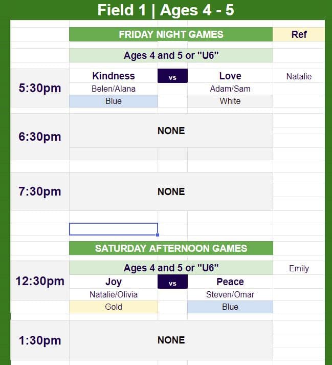 Schedule for soccer games for ages 4 - 5 in Pineville. 
