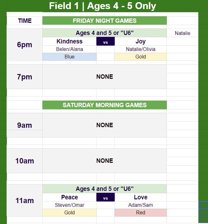 Game schedule for Hope Soccer U6s. 