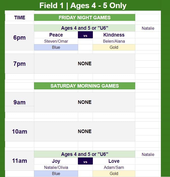 Soccer schedule for ages 4 and 5 at Hope Soccer's field. 