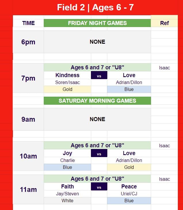 Game schedule for Hope Soccer U8 teams. 