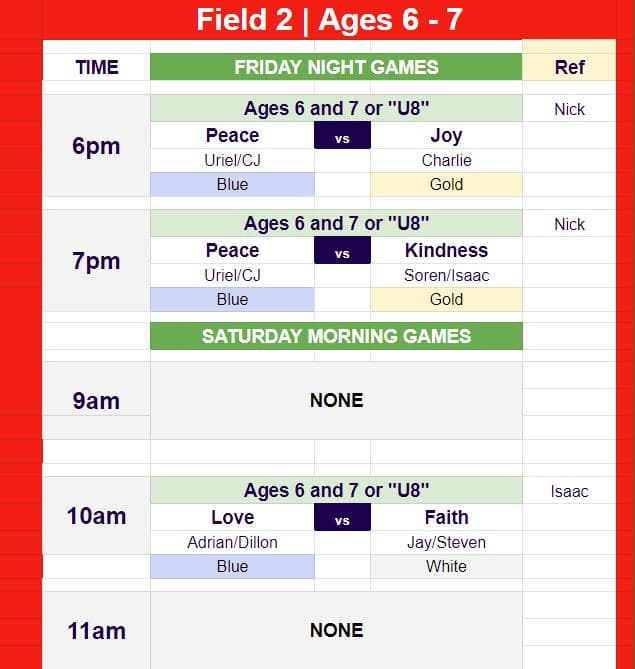 Game schedule for Hope Soccer U8s. 