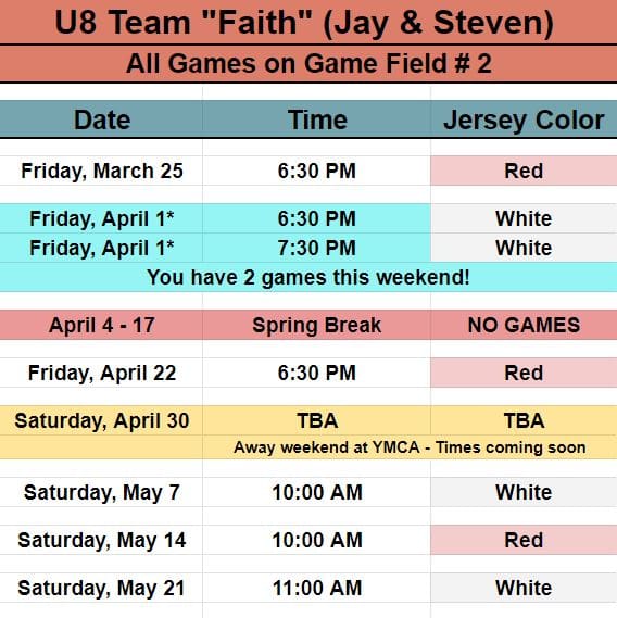 Game schedule for U8 Hope Soccer team that plays at Jack Hughes Park. 