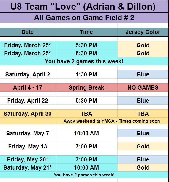 Game schedule for youth soccer team that plays near Charlotte, in Pineville. 
