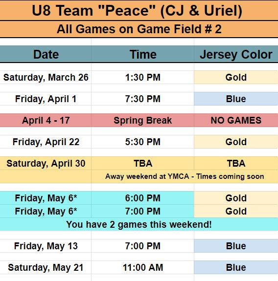 Youth rec soccer schedule for team "Peace" from Pineville. 