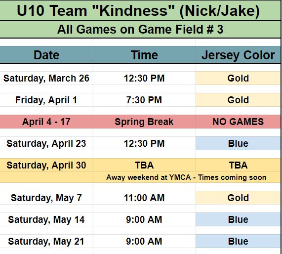 Game schedule for Team Kindness for ages 8 and 9. 