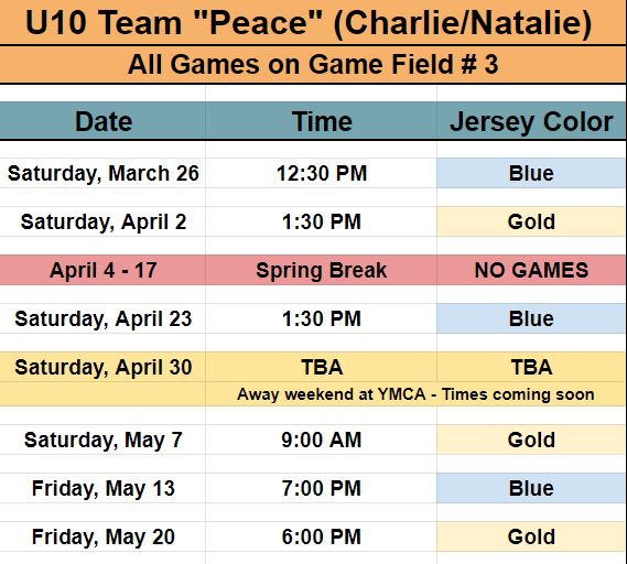 Hope's Team Peace game schedule for 8 and 9 year olds. 