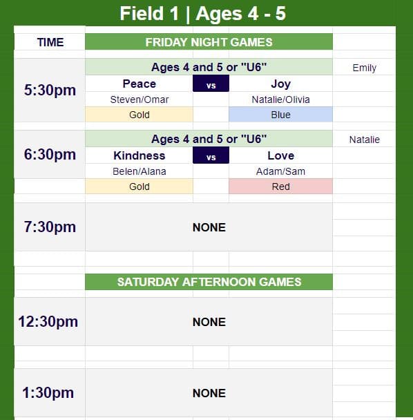 Game Schedule for Hope Soccer League - April 22. 