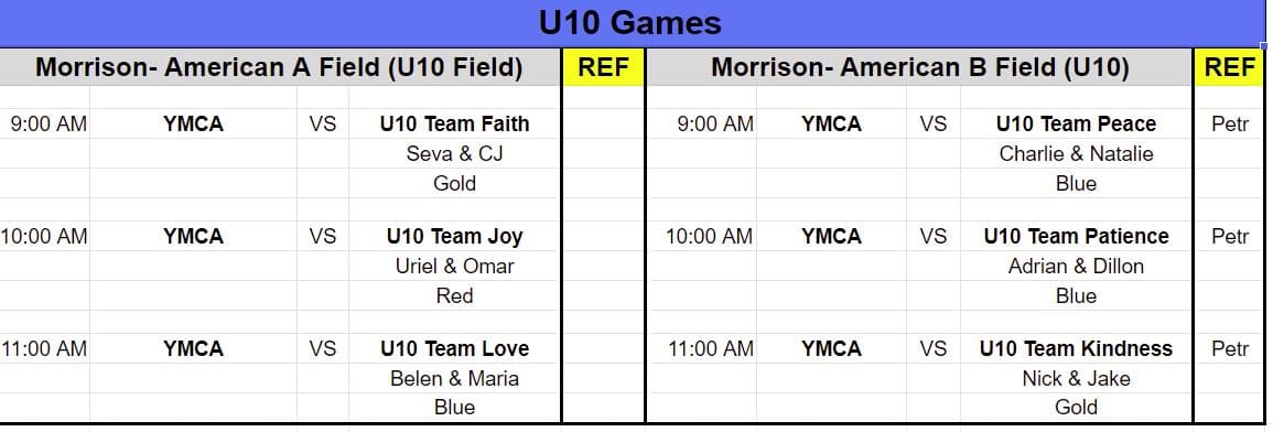 YMCA game schedule for U10s. 