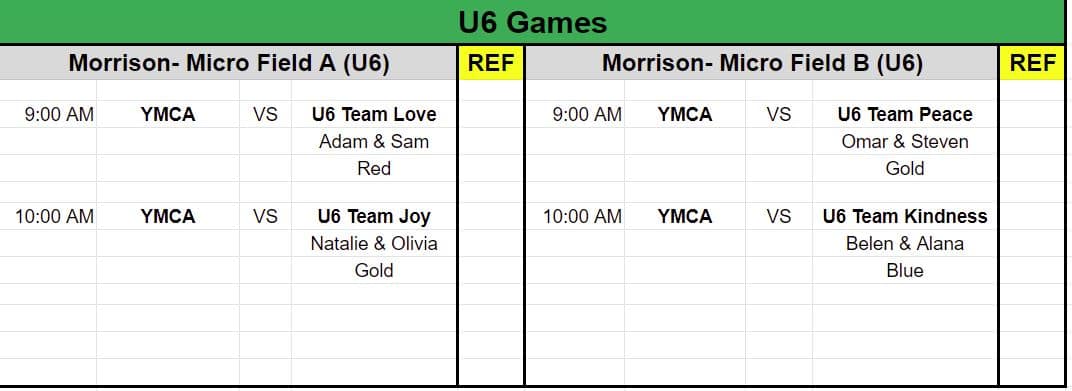 Game schedule for rec soccer U6 Hope Soccer vs YMCA teams.