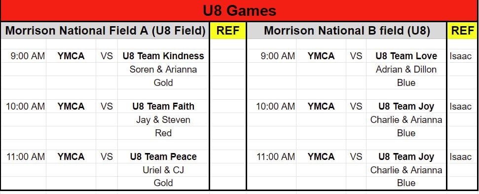 Game schedule for Hope Soccer vs YMCA teams ages 8 and under. 