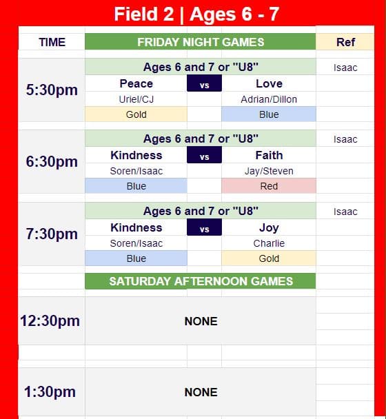 Game Schedule for U10 and U12 Hope Soccer League. 