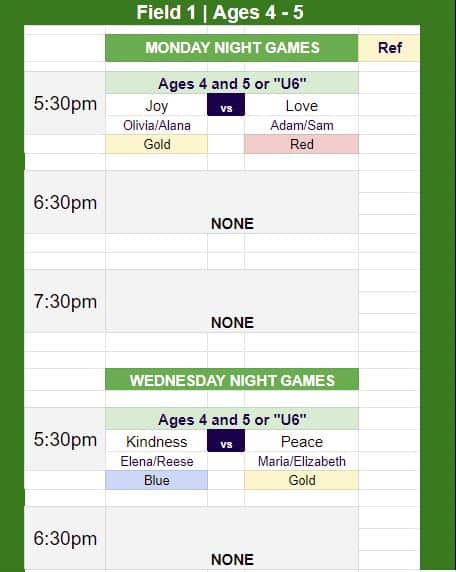 Game schedule for U6 for Nov 7. 