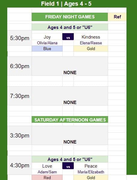 game schedule for U6 teams for Nov 4, 2022 at Jack Huges park. 