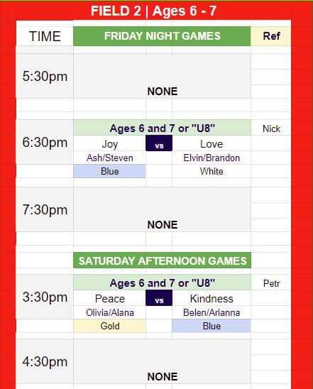 U8 game schedule on Field 2 for Oct 7. 