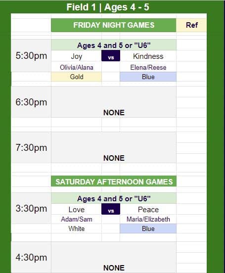 Game schedule for all U6 Hope teams on Field 1 for Fall 2022. 