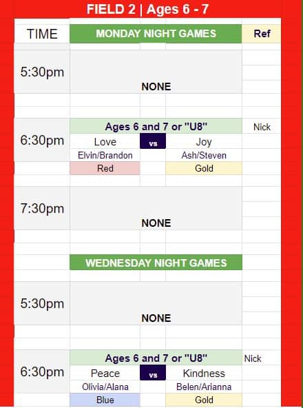 Game schedule for U8 Hope teams for Nov 7 in Pineville. 