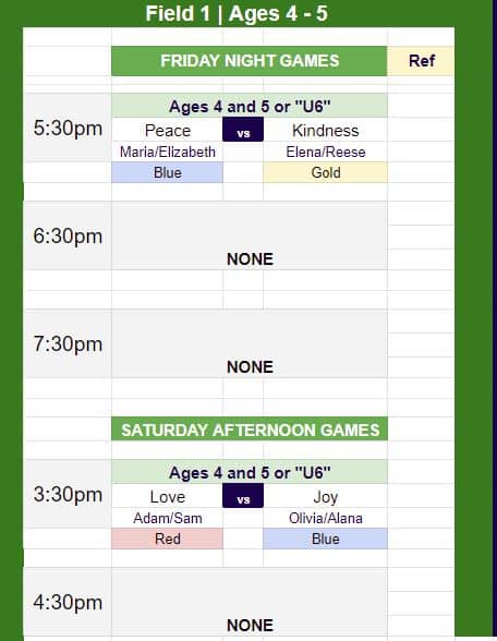 Game schedule for October 1 for all Hope U6 teams for Fall 2022. 