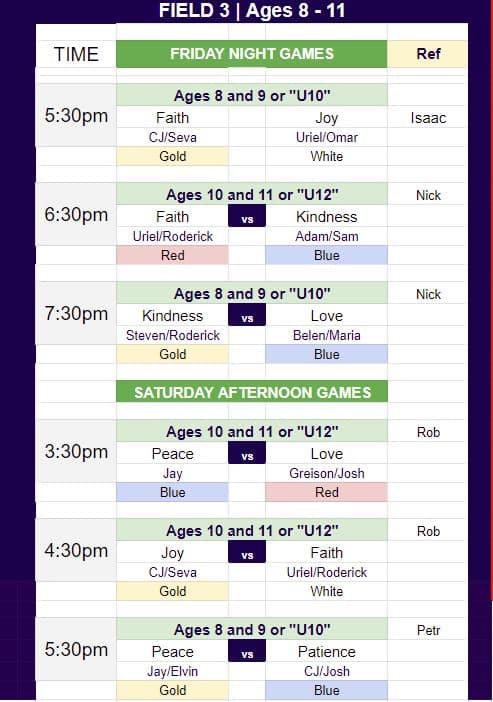 Game schedule for Oct 1 for all U10 and U12 Hope teams on Field 3. 