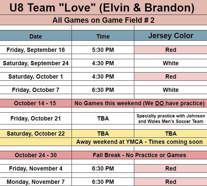 Team Love U8 game schedule for Fall 2022. 
