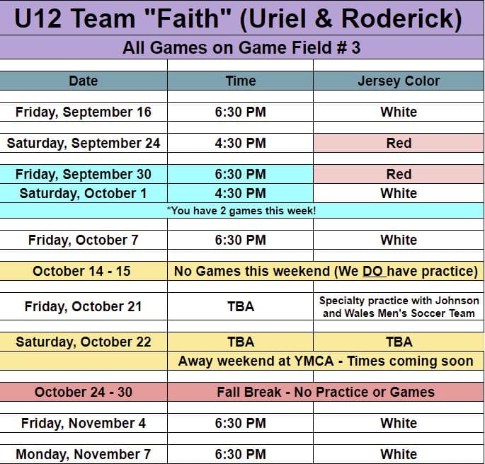 U12 team Faith game schedule at Hope Soccer Ministries. 