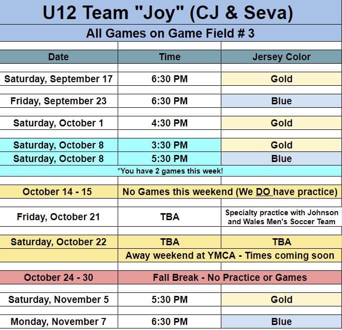 Hope Soccer game schedule for U12 team Joy in Pineville. 