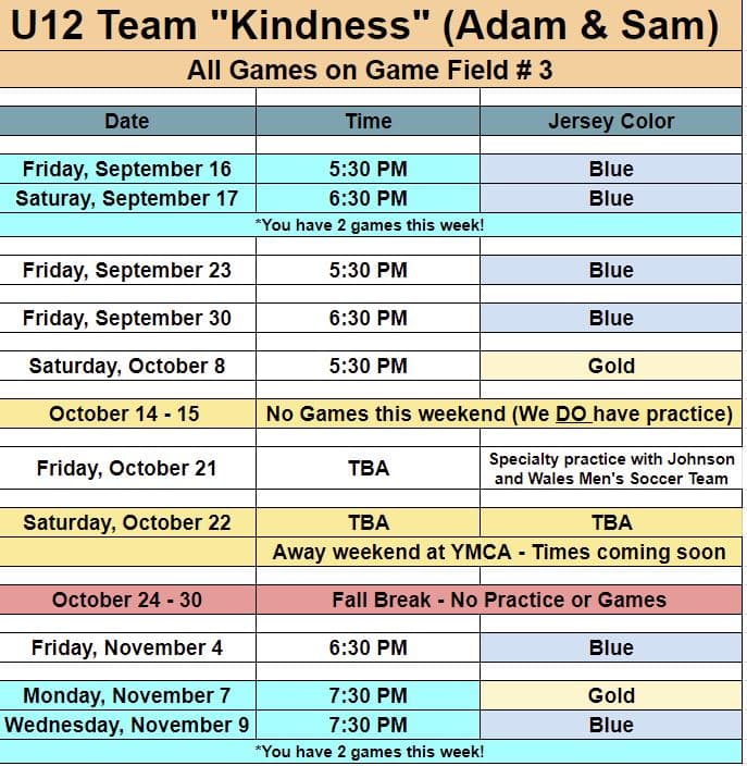U12 team Kindness game schedule for Fall 2022 at Jack D. Hughes Memorial park. 