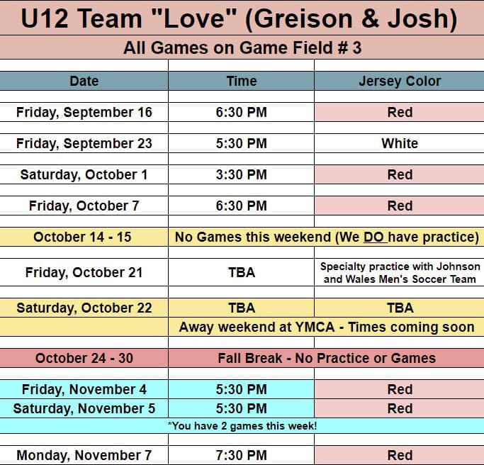 Team Love - U12 - game schedule for Fall 2022 season. 