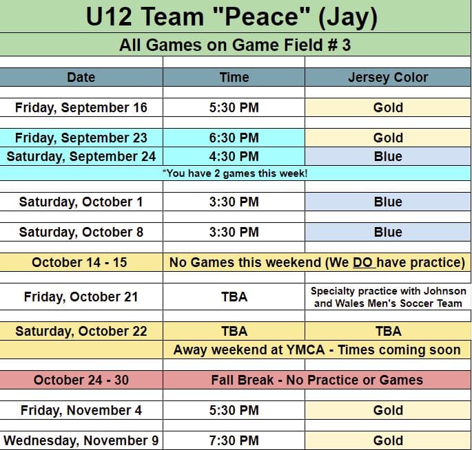 U12 team Peace game schedule for Fall 2022 season. 