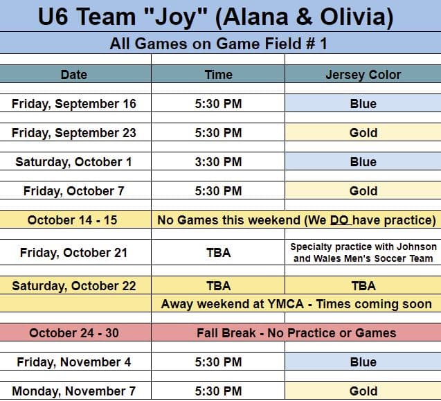 Game schedule for Team Joy - ages 4 and 5.