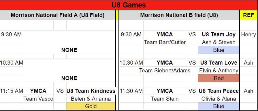 Game schedule between Hope Ministries and YMCA u8 teams for October 22 at Morrison YMCA.