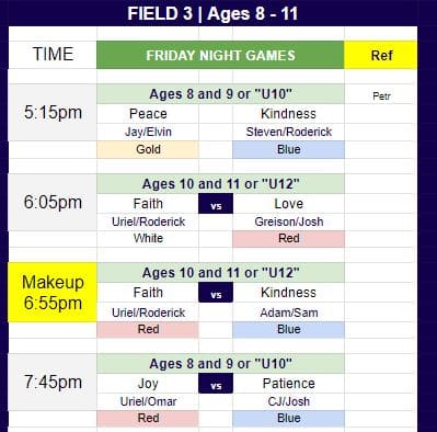 Make up games on Field 3 for October 7 and 8. 