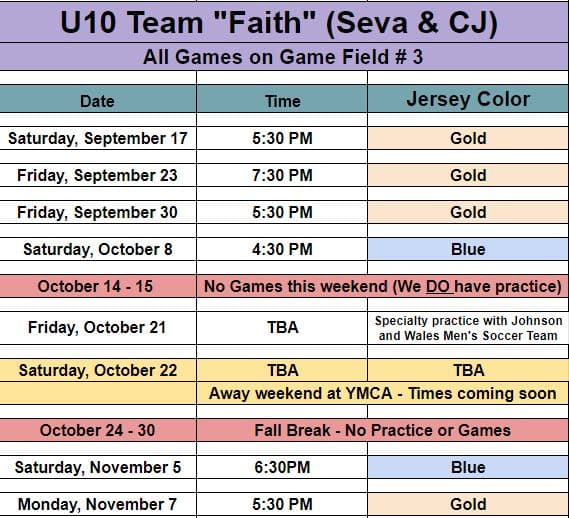 Game schedule updated for U10 Team Faith. 