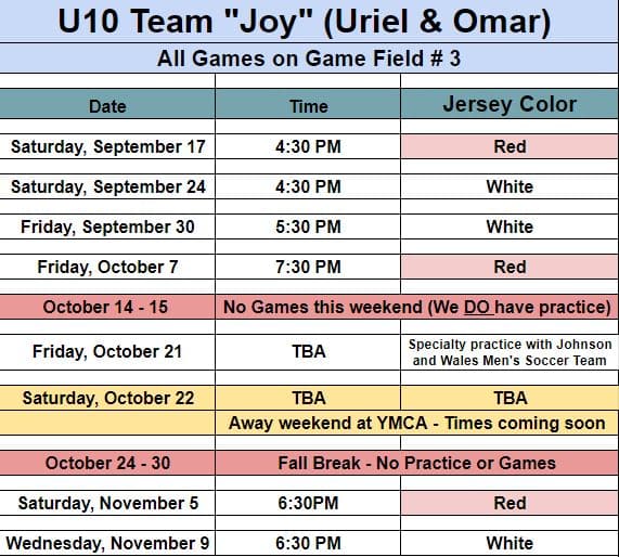 Game schedule updates for Team Joy - U10. 
