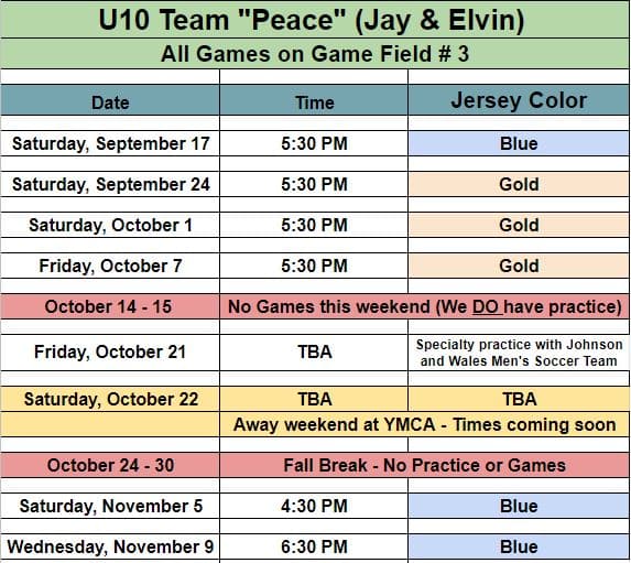 Updated game schedule for Team Peace - Ages 8 and 9. 