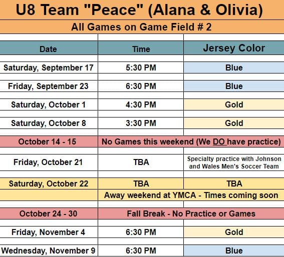 Updated game schedule for U8 Team Peace. 