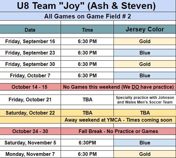 U8 updated game schedule for team Joy. 