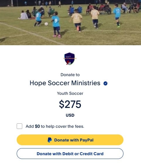 PayPal button for a donation of bag of soccer balls. 